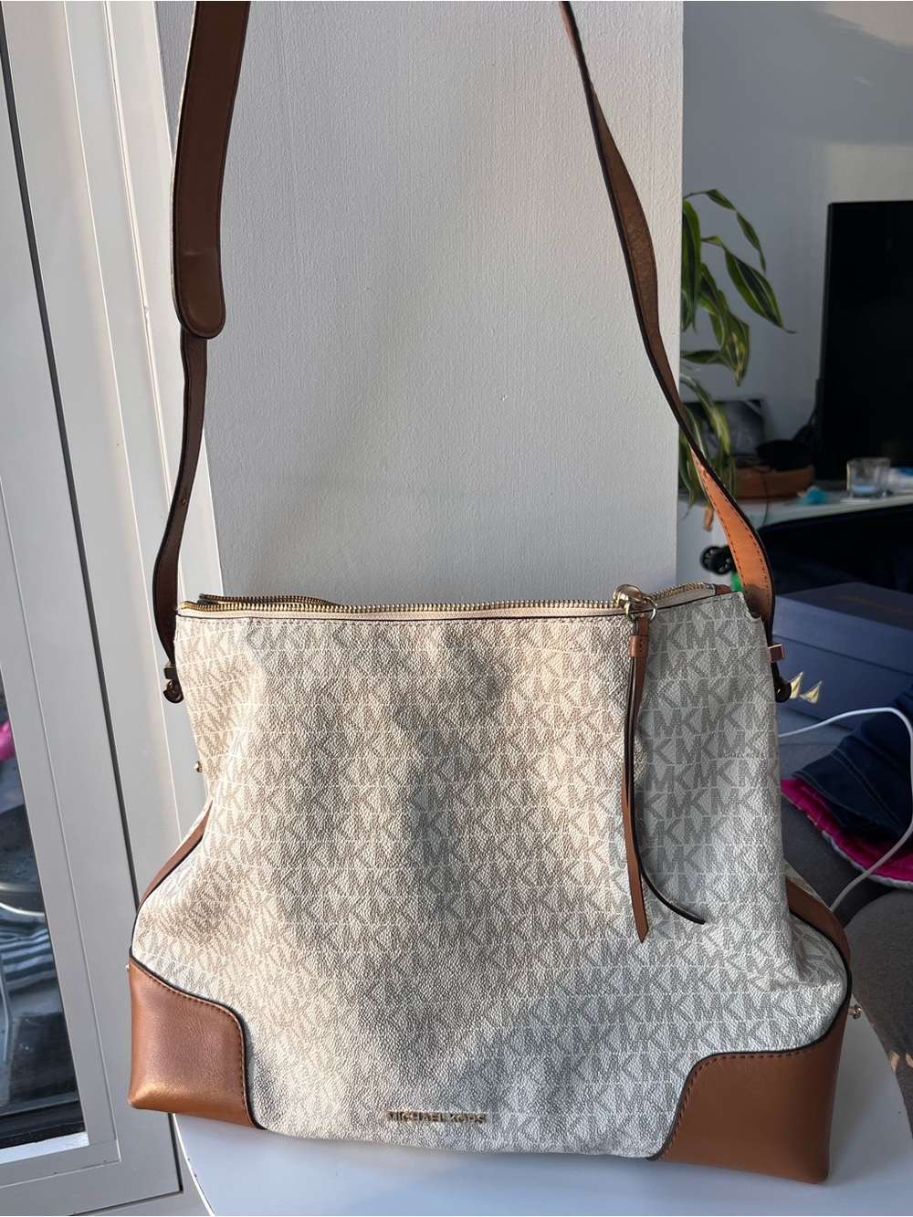 Michael Kors Cream Signature Shoulder Bag with Brown Trim